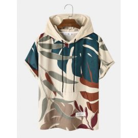 Men Tropical Plant Print Corduroy Casual Short Sleeve Hooded T-Shirts