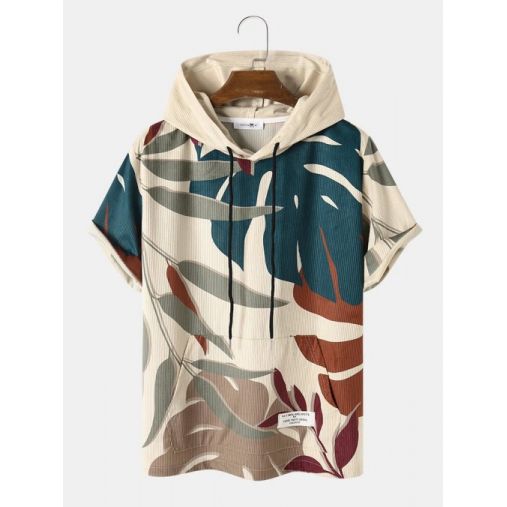 Men Tropical Plant Print Corduroy Casual Short Sleeve Hooded T-Shirts