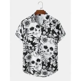 Mens Head Halloween Floral Short Sleeve Shirt