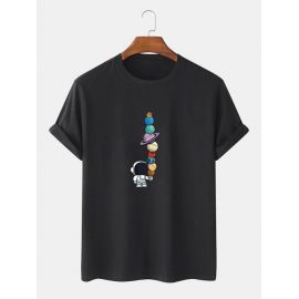 Cotton Mens Cartoon Astronaut Planet Print Short Sleeve Funny T-Shirts