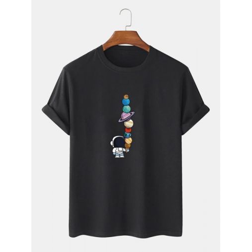 Cotton Mens Cartoon Astronaut Planet Print Short Sleeve Funny T-Shirts