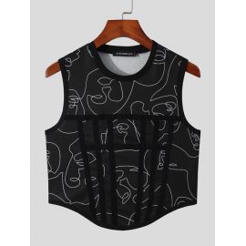 Men Graphic Abstract Print Curved Hem Cropped Tank Top