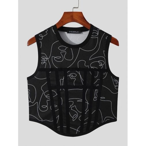 Men Graphic Abstract Print Curved Hem Cropped Tank Top