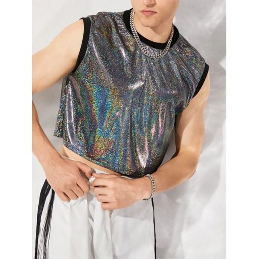 Men Shiny Glitter Sequins Patchwork Crew Neck Crop Tank Top