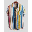 Mens Stripe Printing Graffiti Chest Pocket Short Sleeve Summer Shirts