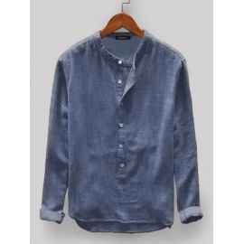 Mens Vintage Loose Comfy Solid Color Buttons Fly Long Sleeve Casual Henley Shirts