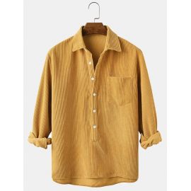 Corduroy Solid Henley Collar Chest Pocket Long Sleeve Shirts