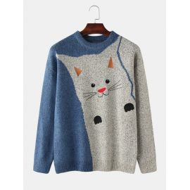 Mens Cute Cat Pattern Knit Crew Neck Casual Drop Shoulder Pullover Sweaters