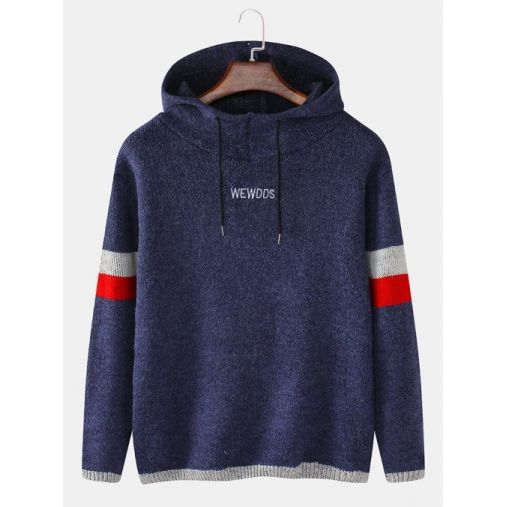 Mens Letter Embroidery Knitted Long Sleeve Hooded Sweaters